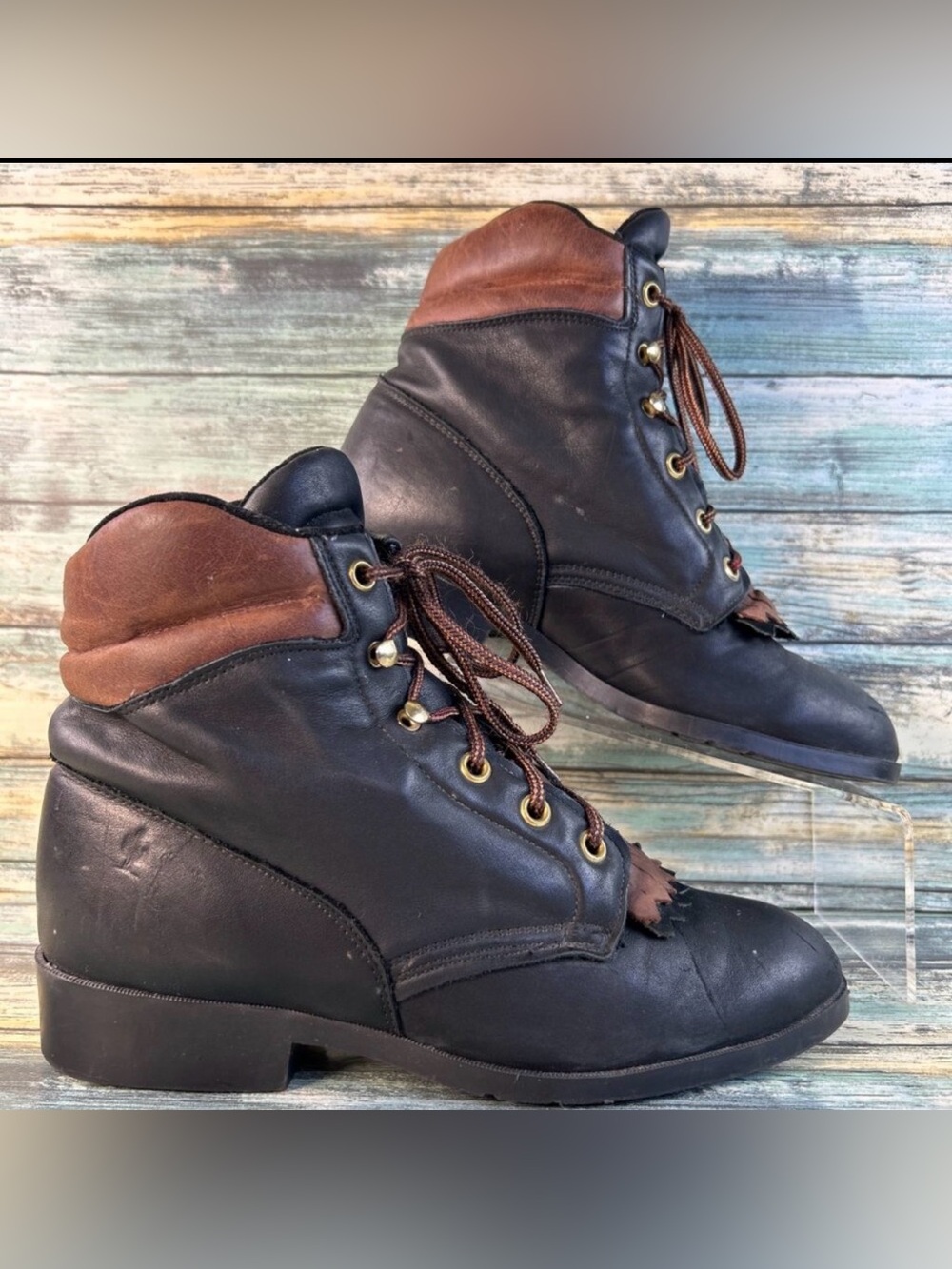 Laredo Western Roper Kiltie Ankle Boot Womens 7M Black Leather Lace Up Cowgirl
